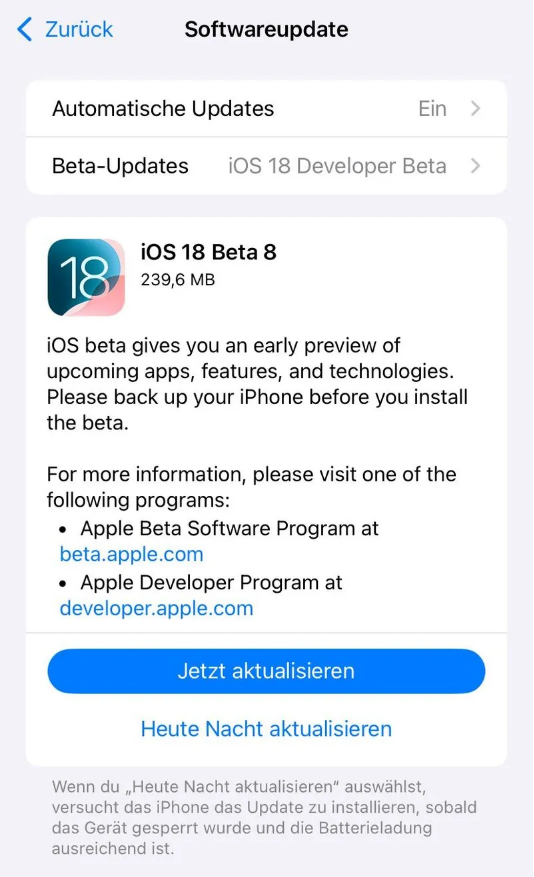 天柱苹果手机维修分享苹果 iOS / iPadOS 18 开发者预览版 Beta 8 发布 